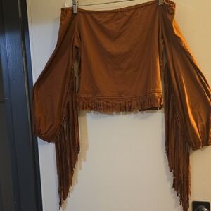 Bohemian Fringe Off-Shoulder Top in Brown